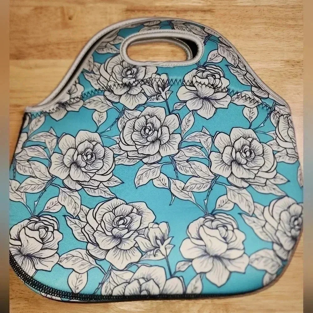 Floral Print Neoprene Insulated Lunch Tote With Zipper